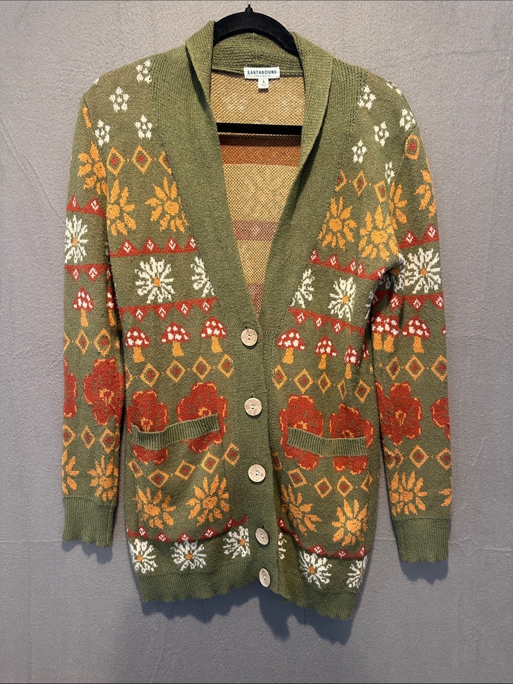 EARTHBOUND Olive Fair Isle Floral & Mushroom Cardigan